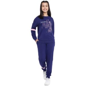 Lil Tomatoes Girls Drawstring Regular Fit Printed Round Neck Looper Cotton Track Suit NAVY