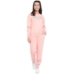 Lil Tomatoes Girls Drawstring Regular Fit Printed Looper Cotton Track Suit PEACH